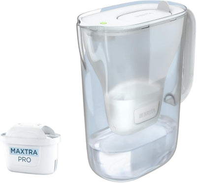 Carafe filtrante Brita style essentiel - 2,4 l - blanc - incl. 1x filtre à eau maxtra pro pure performance - s'adapte au réfrigérateur, avec couvercle à charnière intelligent à lumière LED