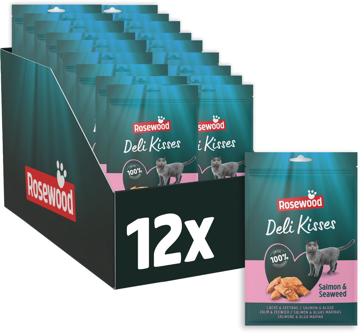 Charcuterie au bois de rose bisous aux algues saumon - snack pour chat au saumon - sans sel ni sucre ajoutés - 12 sachets de 60g