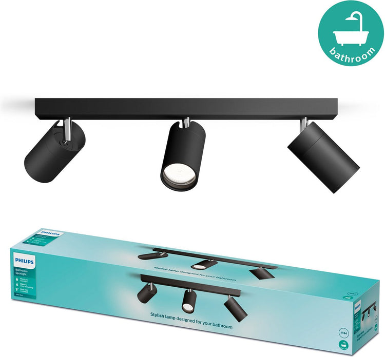 Philips LED Philips Idris spot - résistant aux éclaboussures IP44 - 5W - noir - lampe de salle de bain - trois points lumineux - convient uniquement aux spots LED