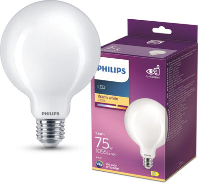 Lampe LED Philips - lampe globe avec culot E27 - lumière blanc chaud : 2700k - 75w - verre dépoli