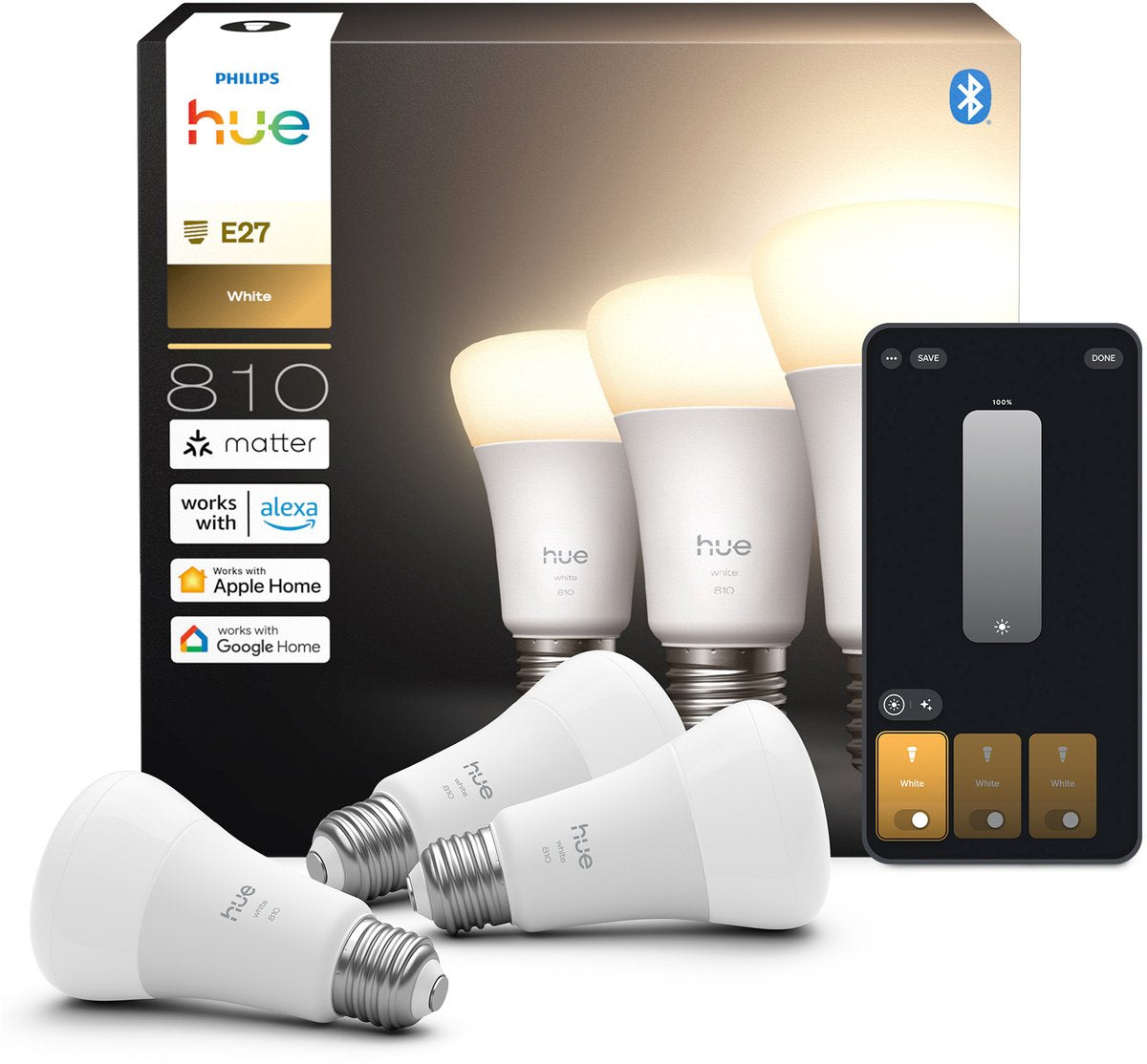 Lampe Philips Hue Smart LED A60, lumière blanc chaud, culot E27, lot de 3