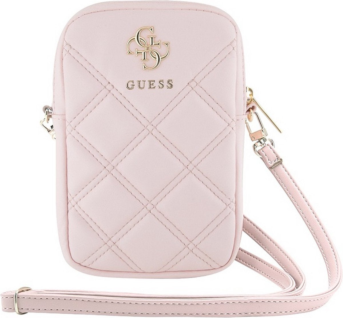 Guess pochette portefeuille matelassée avec logo en métal 4g avec sangle (7 pouces) - rose
