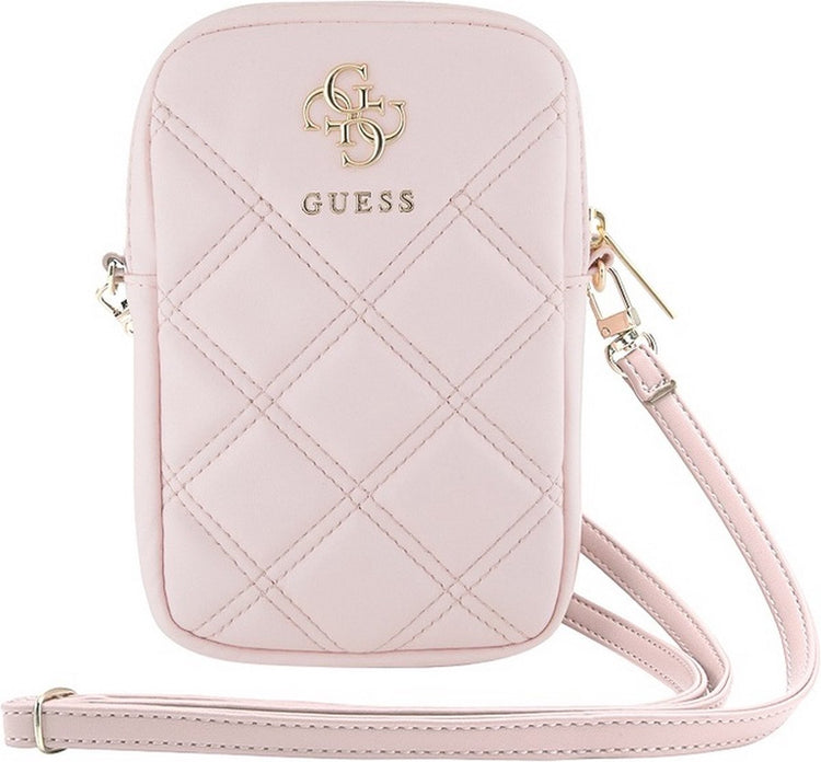 Guess pochette portefeuille matelassée avec logo en métal 4g avec sangle (7 pouces) - rose