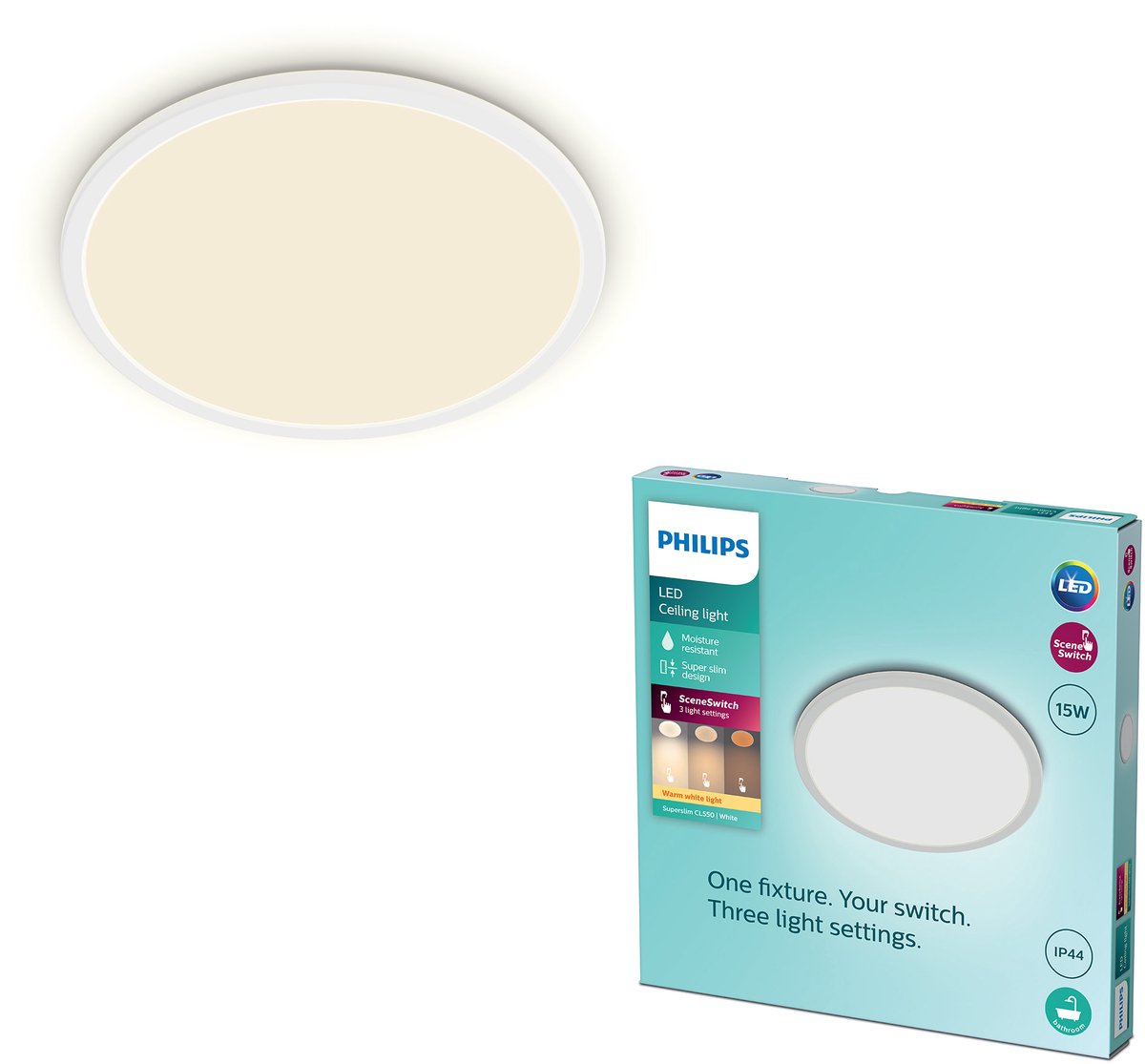 Philips LED Plafonnier de salle de bain super fin Philips - blanc - rond - 15 W
