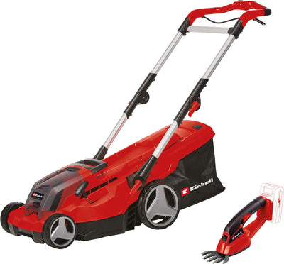 Tondeuse à gazon à batterie Einhell ge-cm 36 37 li + cisaille à gazon à batterie ge-cg 18 1 li - puissance x-change 36 18 v li-ion - largeur de coupe : 37 cm 10 cm - incl. 2x batterie 3,0 Ah et 2x chargeurs