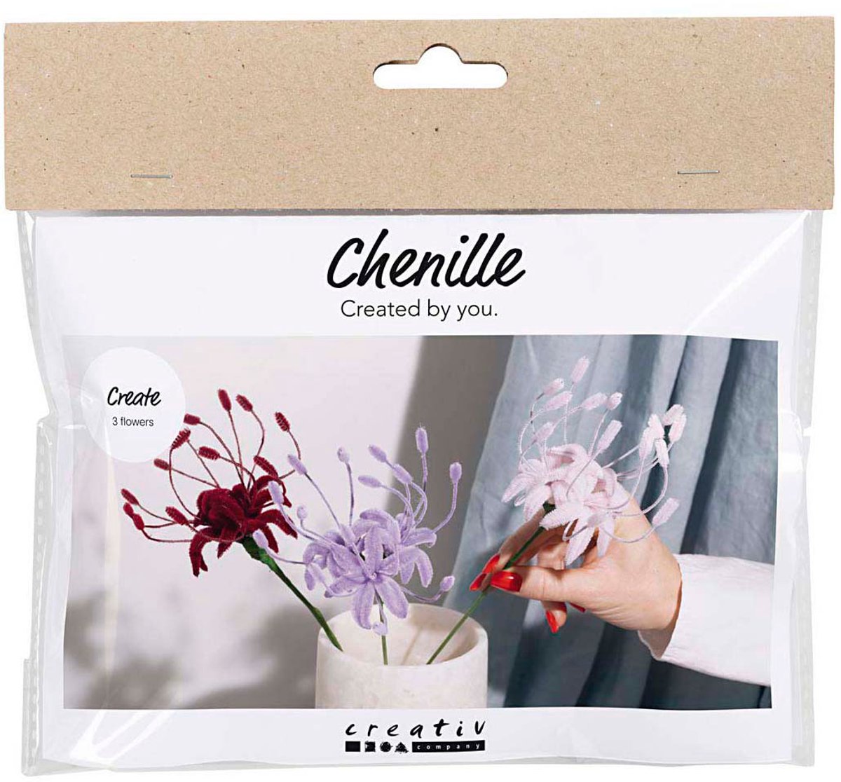 Creativ company mini set de fleurs en fil chenille, lys, rose clair, violet clair, rouge foncé, 1 boîte