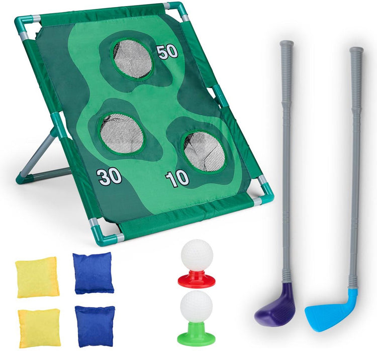 Eddy Toys Ensemble de golf et cornhole 2 en 1 - Jouets d'intérieur et d'extérieur pour garçons et filles - avec balles de golf, poufs, clubs de golf et plateau de jeu - Jeu de lancer de jouets et mini-golf - Plastique - Vert