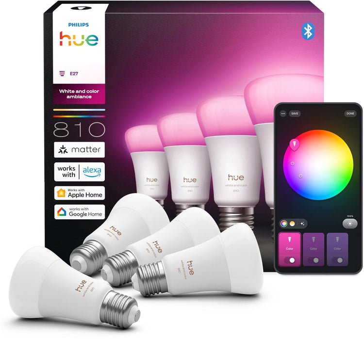 Lampe Philips Hue smart LED A60, lumière blanche et colorée, culot E27, lot de 4
