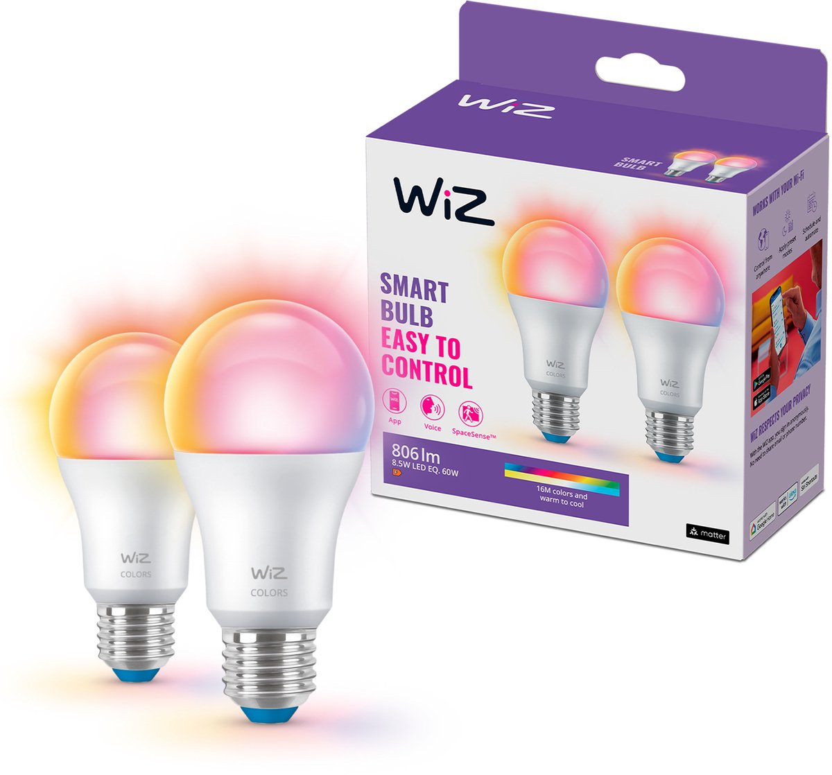 Lampe Wiz 2-pack - éclairage LED intelligent - lumière colorée et blanche - e27 - 60w - mat - wi-fi