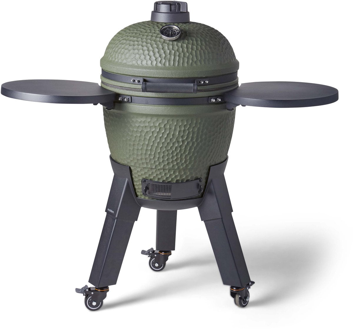 Kamado complet moderne - tables d'appoint pliantes et pieds noirs avec roulettes avec freins - 8 à 12 personnes - vert