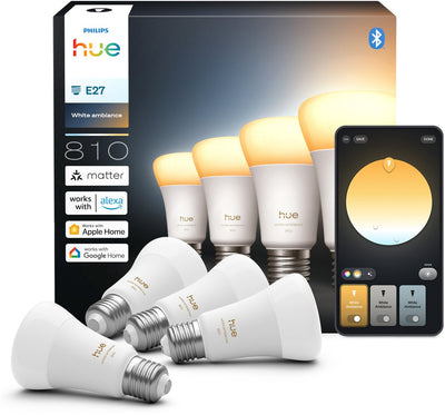 Lampe Philips Hue Smart LED A60, lumière blanche chaude à froide, culot E27, lot de 4