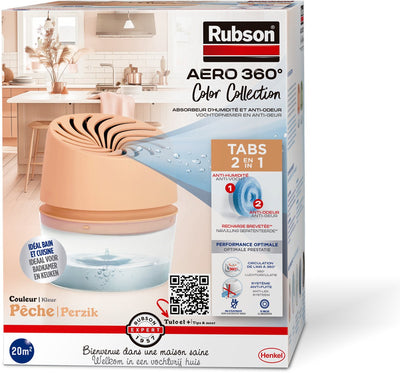 Rubson absorbeur d'humidité aero360 color collection pêche boîte 450g | dispositif déshumidificateur captant l'humidité | déshumidificateur | absorbeur d'humidité à l'intérieur.