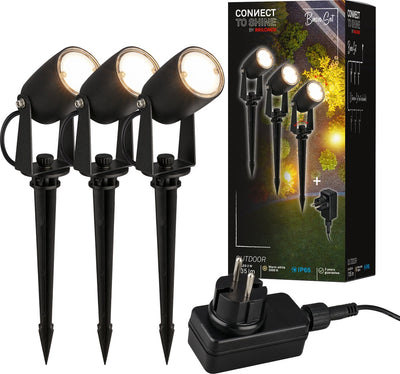 Briloner connect to Shine - Spike Spot - Lot de 3 - Kit de démarrage pour projecteur de jardin - Éclairage de jardin - IP65 - Lumière blanc chaud - ø4x2,5 cm - Câble 1,5 m