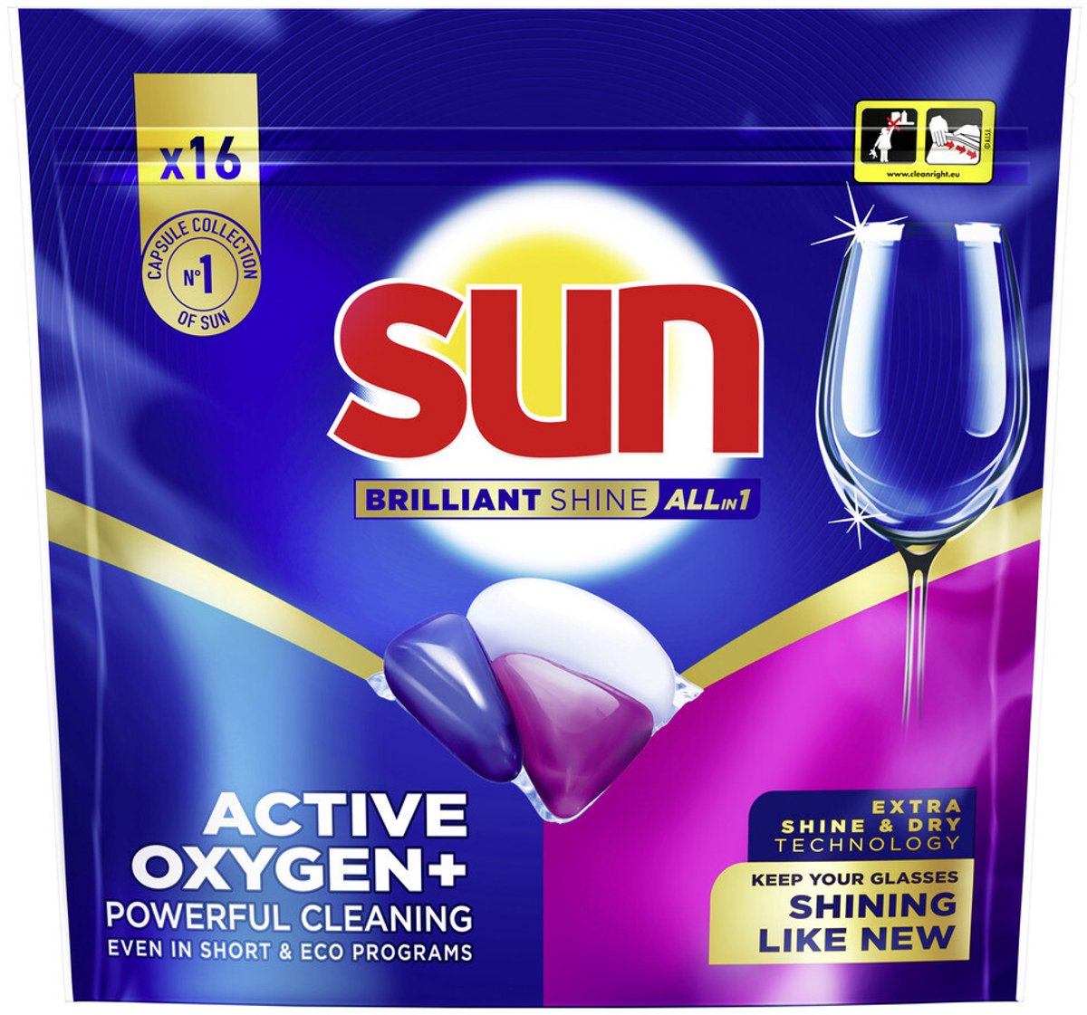 Sun - capsules pour lave-vaisselle - brillance brillante - tout-en-1 - une capsule à oxygène actif+ - 16 tablettes pour lave-vaisselle