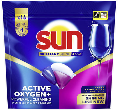 Sun - capsules pour lave-vaisselle - brillance brillante - tout-en-1 - une capsule à oxygène actif+ - 16 tablettes pour lave-vaisselle