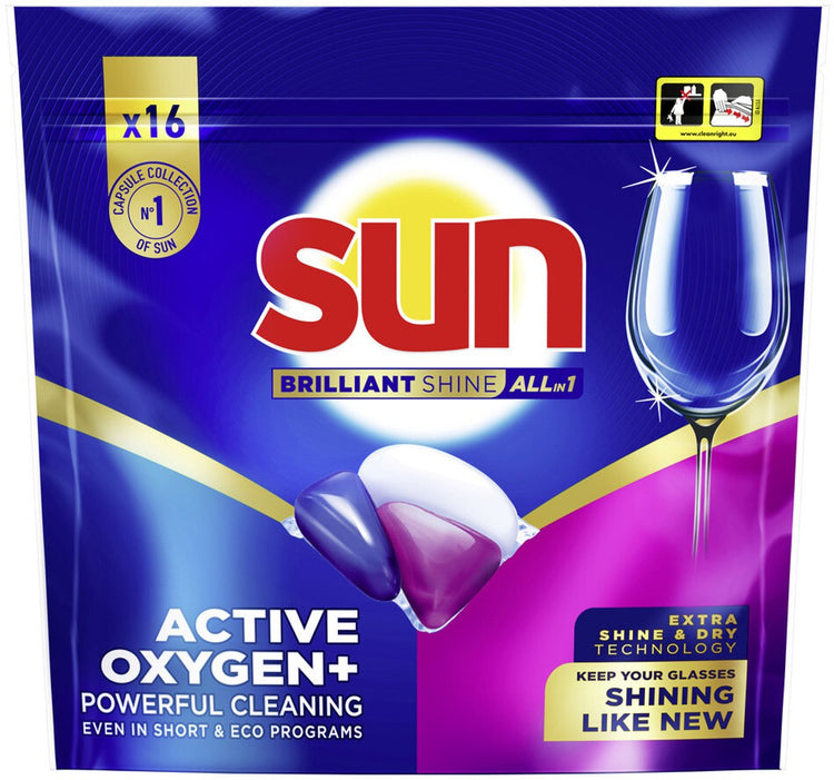 Sun - capsules pour lave-vaisselle - brillance brillante - tout-en-1 - une capsule à oxygène actif+ - 16 tablettes pour lave-vaisselle