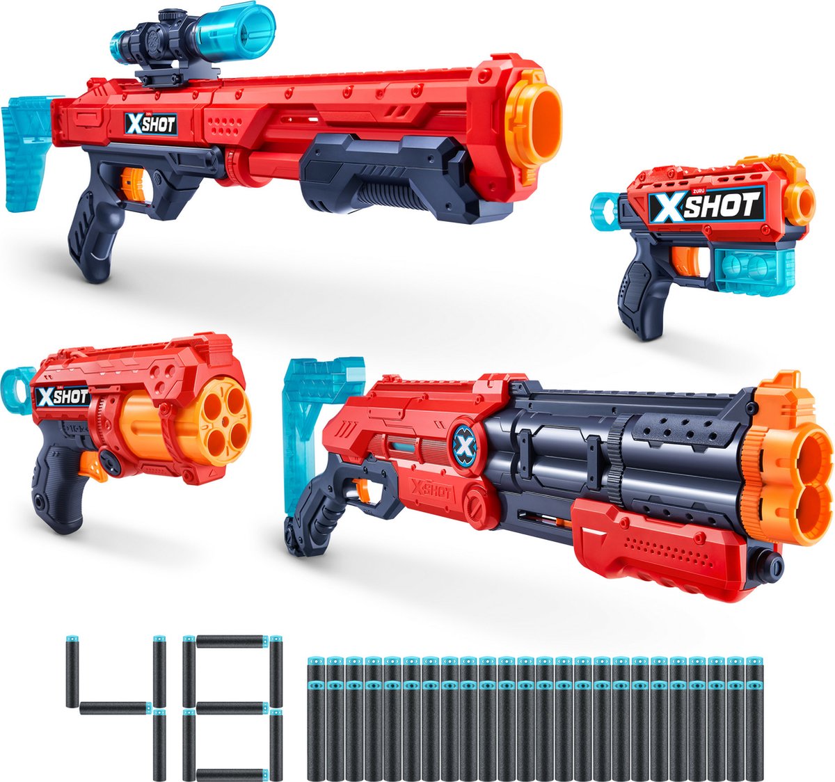 Pack de tir ultime Xshot Excel (4 blasters, 48 fléchettes, 6 canettes) de zuru - blaster jouet