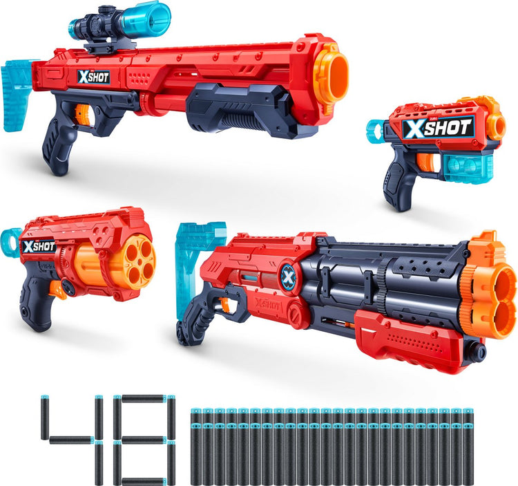 Pack de tir ultime Xshot Excel (4 blasters, 48 fléchettes, 6 canettes) de zuru - blaster jouet