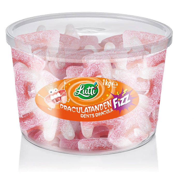 Lutti - végétalien - aigre - dents de dracula - saveur fraise - silo - 1kg
