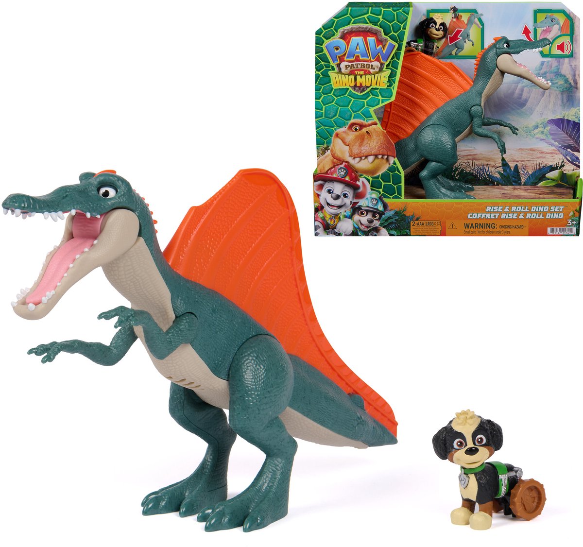 Paw Patrol - L'ensemble Dino Movie Rise Roll Dino comprend un dinosaure Spinosaurus de 17,7 cm avec des sons et une figurine Rex