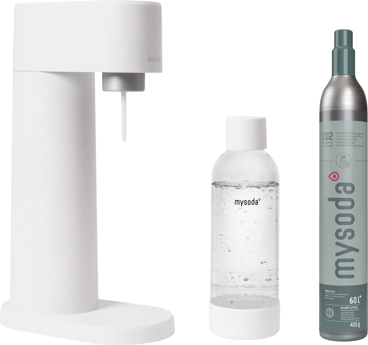 Mysoda Woody White - Machine à eau gazeuse - En biocomposite écologique et durable - Avec bouteille d'eau cylindrique de CO2
