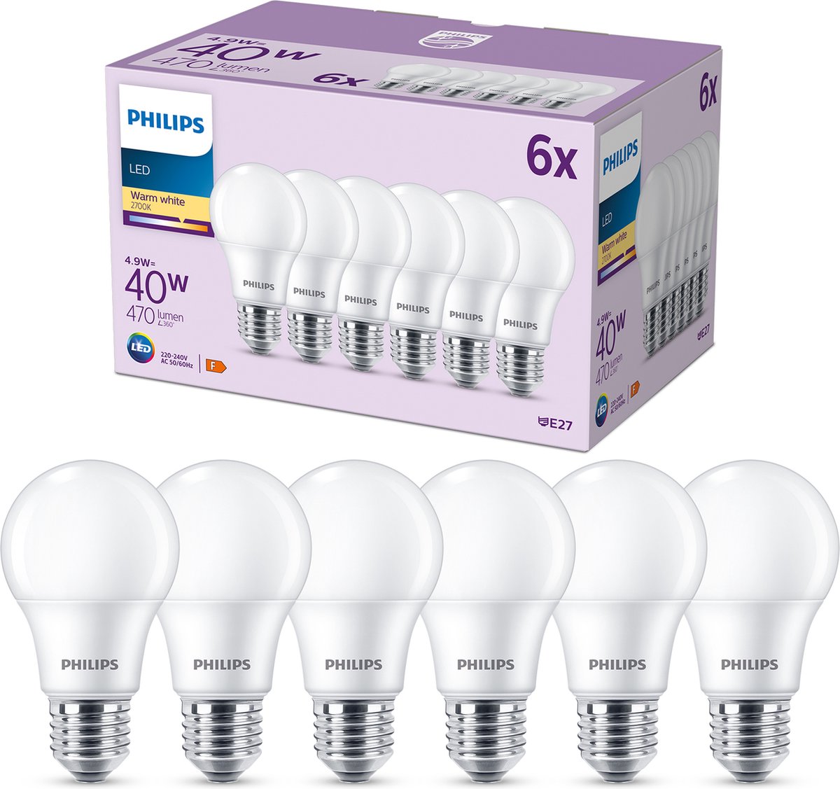 Lampe LED Philips mate - 40 w - E27 - lumière blanc chaud - 6 pièces