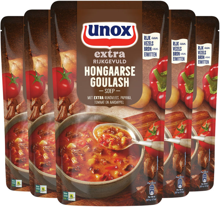 Soupe extra riche Unox en sachet - Goulasch hongrois - une soupe fourrée au bœuf supplémentaire, poivre, tomate et pomme de terre - 5 x 570 ml