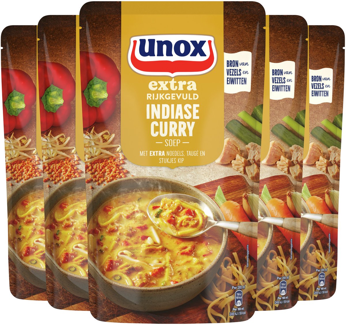 Soupe extra riche Unox en sachet - Curry indien - une soupe au curry avec des nouilles supplémentaires, des germes de soja et des morceaux de poulet - 5 x 570 ml