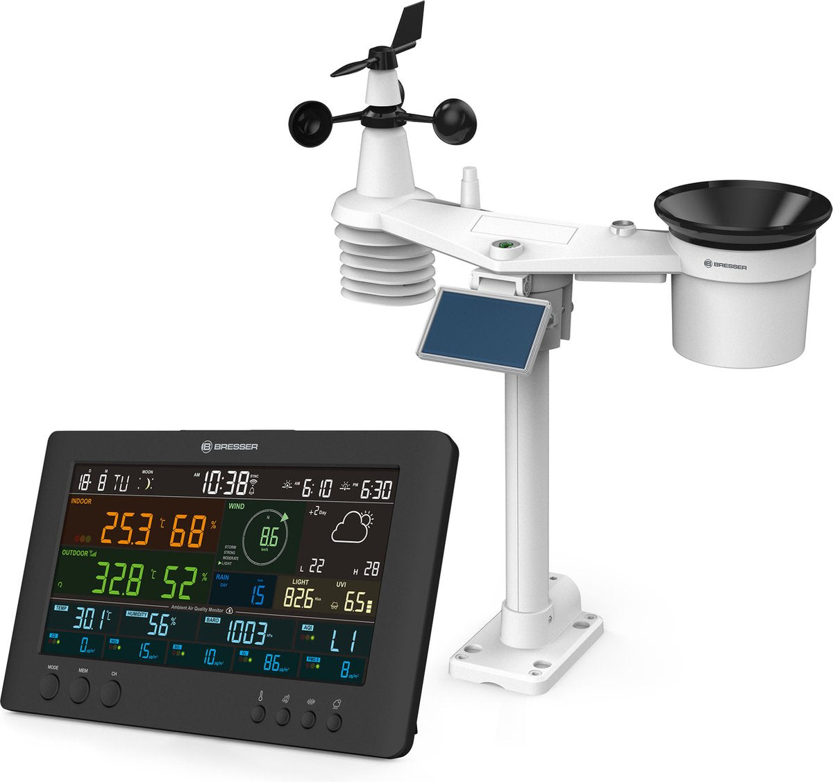 Station météo Bresser - air mon - capteur 7 en 1 avec panneau solaire - avec application - mesure entre autres les UV