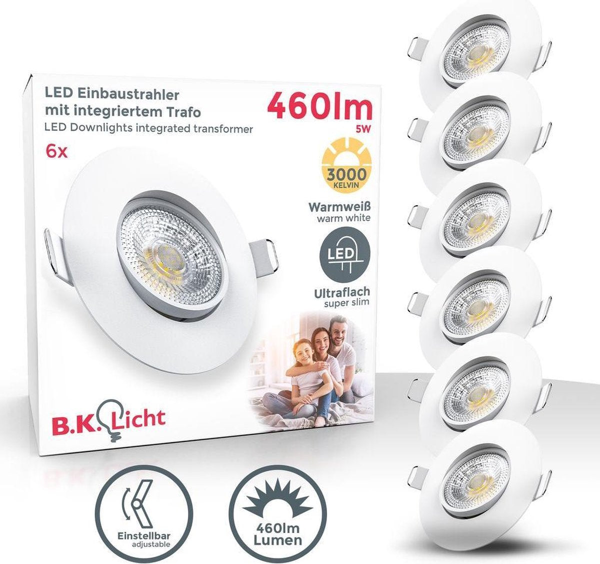 B.K. light - lot de 6 spots encastrables LED - pour intérieur - spots - inclinable - ip23 - ø9cm - 3 000k - 460 lm - 5w