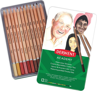Crayons aquarelle Derwent Academy tons chair de haute qualité - ensemble de 12 crayons de couleur skintones dans une boîte