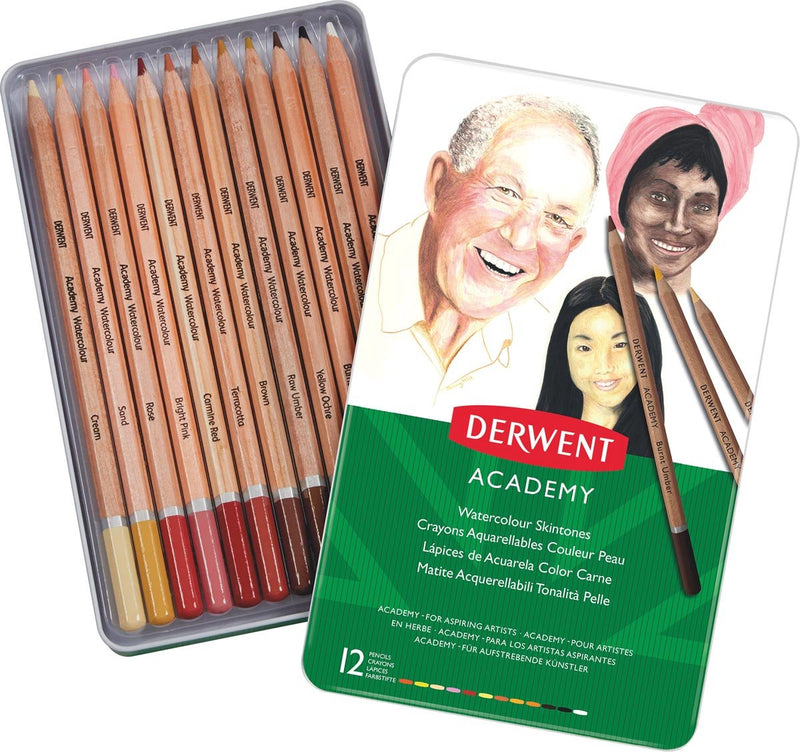 Crayons aquarelle Derwent Academy tons chair de haute qualité - ensemble de 12 crayons de couleur skintones dans une boîte