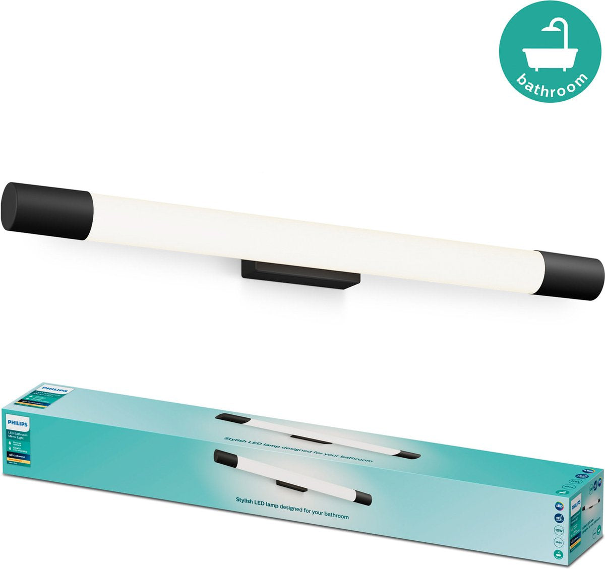 Philips LED Éclairage de miroir Philips Rover - protégé contre les éclaboussures IP44 - 10W - lumière blanc chaud - lampe de salle de bain - cylindrique - noir