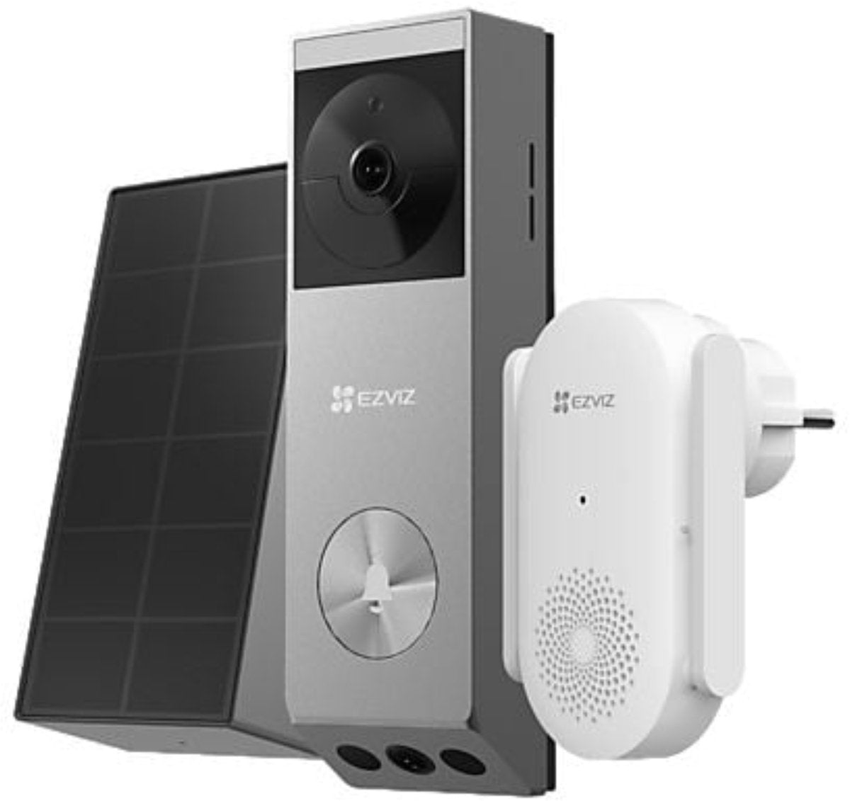 Kit de sonnette à batterie Ezviz EP3X Pro + CH1 à double objectif – Comprend un panneau solaire Bell – Stockage EMMC 32 Go – Vision nocturne couleur – Détection de colis – Sans fil IP65