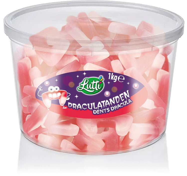 Lutti - végétalien - dents de dracula - saveur fraise - silo - 1kg