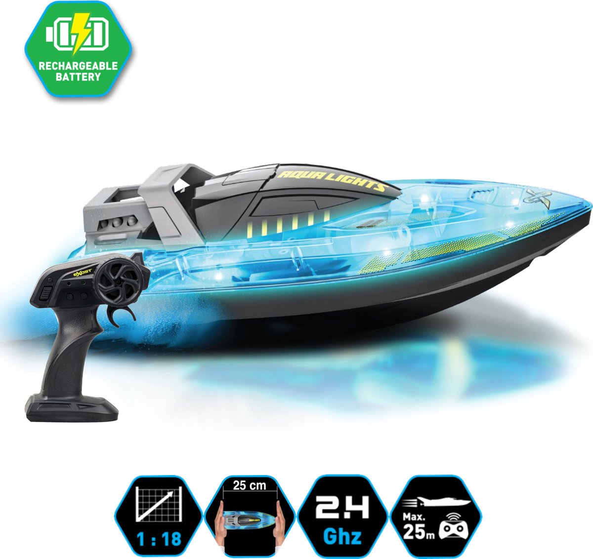 Exost RC Aqua Lights Speedboat 1:18 - avec effet lumineux - incl. batterie rechargeable