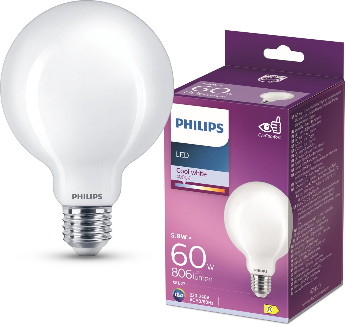 Lampe LED Philips - lampe globe avec culot E27 - lumière blanc froid : 4000k - 60w - verre dépoli