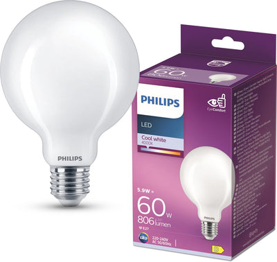 Lampe LED Philips - lampe globe avec culot E27 - lumière blanc froid : 4000k - 60w - verre dépoli