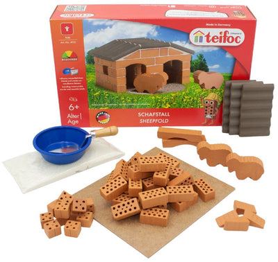 Coffret de construction Teifoc ® – Kit de construction pour écurie de moutons – 50 pièces – Véritables mini briques avec ciment, bol et truelle – Kit de construction pour enfants à partir de 6 ans