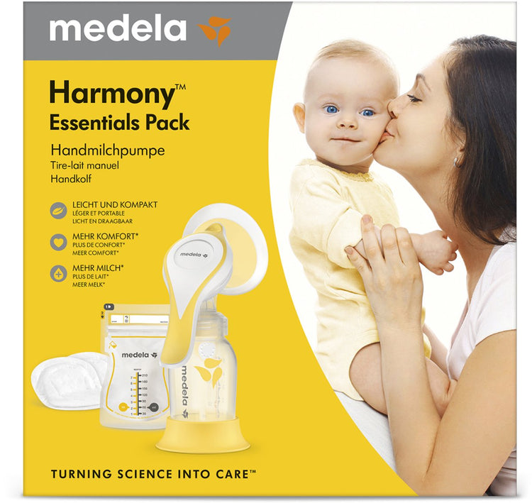 Pack Medela Harmony Essentials - ensemble de pompe manuelle unique - comprenant des sacs de rangement et des coussinets d'allaitement ultra-respirants