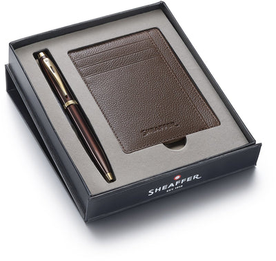 Coffret cadeau stylo à bille Sheaffer 100 9370 - ton or marron brillant - avec porte-carte de crédit - moka rustique - sf-g2937051-2