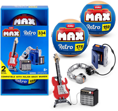 Max build more collection de briques de construction rétro s2 premium, pack de 2 (guitare baladeur et amplificateur) par zuru