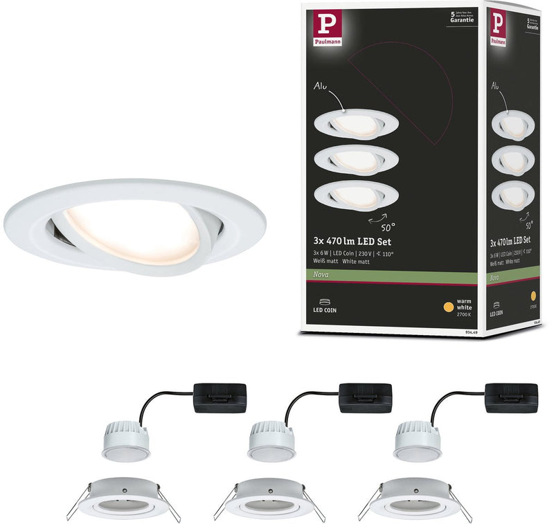 Paulmann lampe encastrable LED nova coin lot de 3 orientable ronde 84 mm 50° coin 3x6w 3x470lm 230v 2700k blanc mat