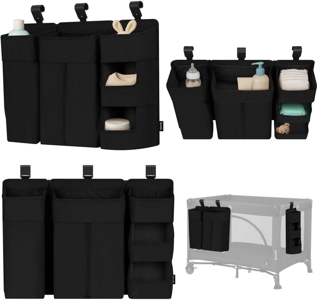 Lionelo sidepocket large – organiseur de berceau à poche de chevet 58×11×58 cm – conception modulaire en 3 parties avec poche zippée – pour lit de voyage, boîte cododo – renforcé, multifonctionnel amovible – couches, lingettes accessoires