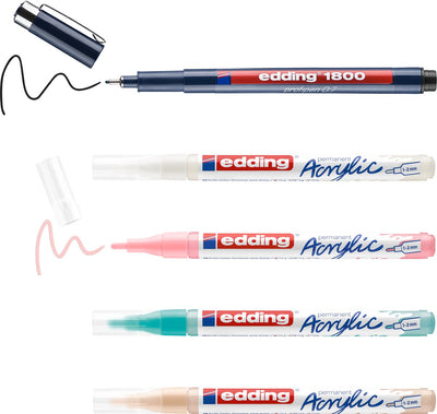 Set créatif manga Edding - dessiner des mangas pour débutants sur de nombreuses surfaces différentes - 1x 1800 profipen noir - 4x 5300 marqueurs acryliques - 6x cartes vierges - 3x modèles - 1x explication étape par étape - ensemble tout-en-un