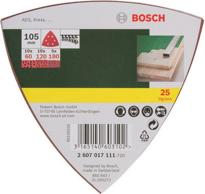 Jeu de 25 feuilles abrasives Bosch pour ponceuses Delta 105 mm - grain 60 ; 120 ; 180