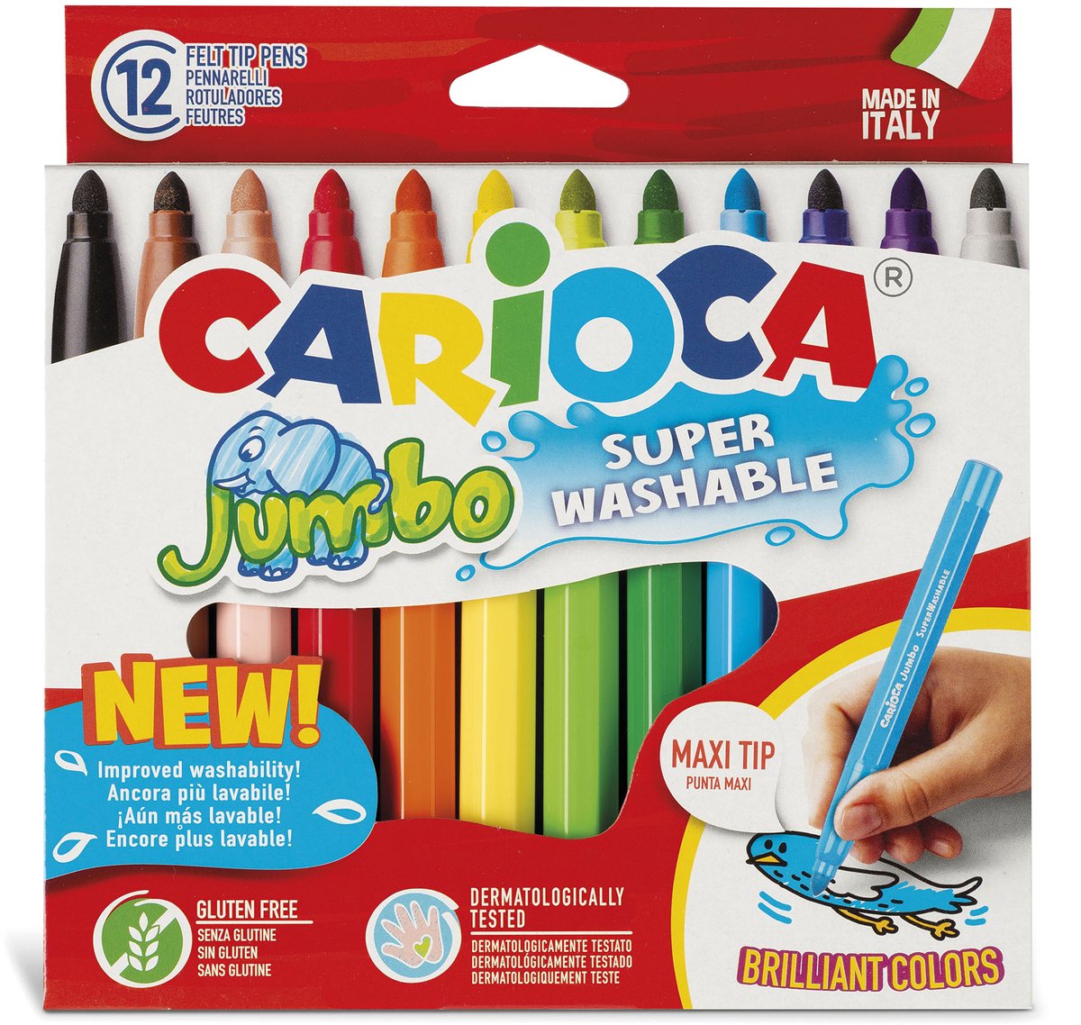 Marqueurs jumbo Carioca - 12 couleurs - pointe maxi 6 mm - lavables - marqueurs à colorier pour enfants