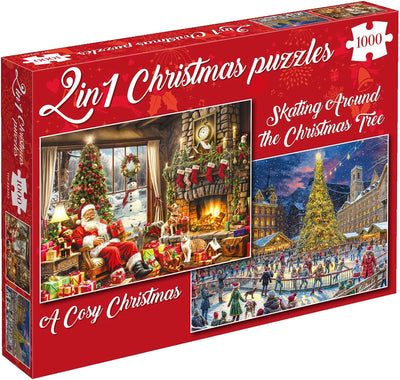 Puzzles de Noël de Tucker's Fun Factory - un Noël douillet + patiner autour du sapin de Noël - 2×1000 pièces 68×49cm (l×h) - puzzles