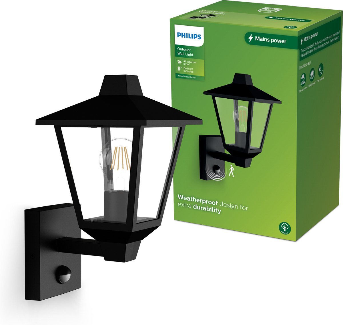 Philips LED Applique Philips Kinno - lampe d'extérieur - détecteur de mouvement - noir - culot E27 - maximum 25W - résistant aux intempéries ; ip44 - applique sur pied