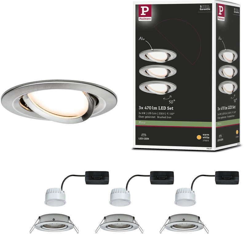 Paulmann lampe encastrable LED nova coin lot de 3 orientable rond 84 mm 50° coin 3x6w 3x470lm 230v 2700k acier brossé